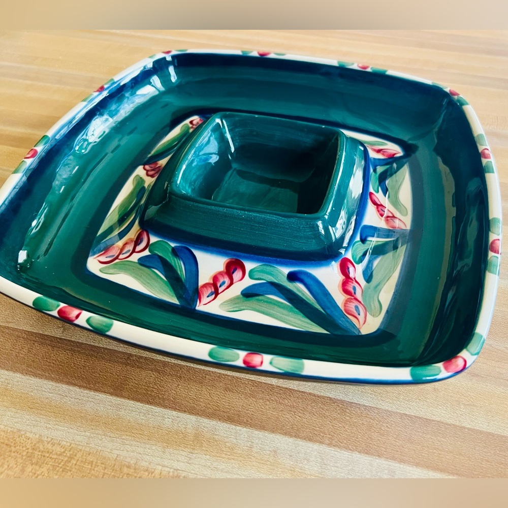 Gail Pittman Jade Juniper Chip and Dip Serving Tray Hand Painted EUC - Picture 2 of 7
